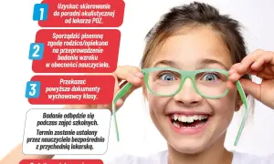 Uśmiechnięta dziewczynka z zielonymi okularami, przygotowująca się do badania wzroku. Informacje o badaniu wzroku u noworodka.