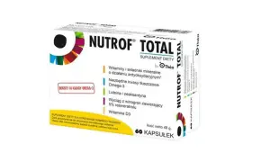 Opakowanie suplementu diety Nutrof Total z luteiną, zeaksantyną i kwasami Omega-3.