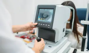 Badanie dna oka: ile kosztuje? Optometrysta wykonuje badanie wzroku na nowoczesnym sprzęcie, analizując obraz na ekranie.