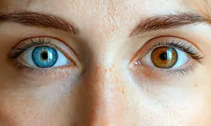 Oczy z heterochromią centralną: jedno błękitne, drugie brązowe, otoczone piegami.