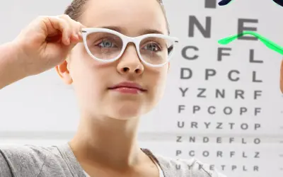 Dziewczynka z białymi okularami przed tablicą Snellena. Tak jak widzi osoba z wadą wzroku - 5.