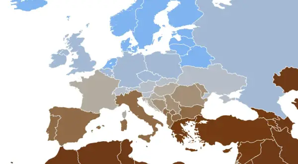 Mapa Europy i Bliskiego Wschodu pokazująca rozkład koloru oczu. Brązowy kolor dominuje na południu i wschodzie, wskazując, że tam najwięcej ludzi ma brązowe oczy.