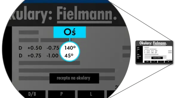Wynik badania "test na oczopląs" z salonu Fielmann. Pokazuje parametry soczewek okularowych: moc, cylinder i oś.
