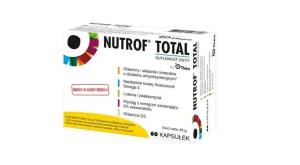 Opakowanie suplementu diety Nutrof Total z luteiną, zeaksantyną i kwasami Omega-3.
