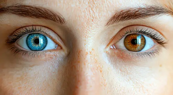 Oczy z heterochromią centralną: jedno błękitne, drugie brązowe, otoczone piegami.