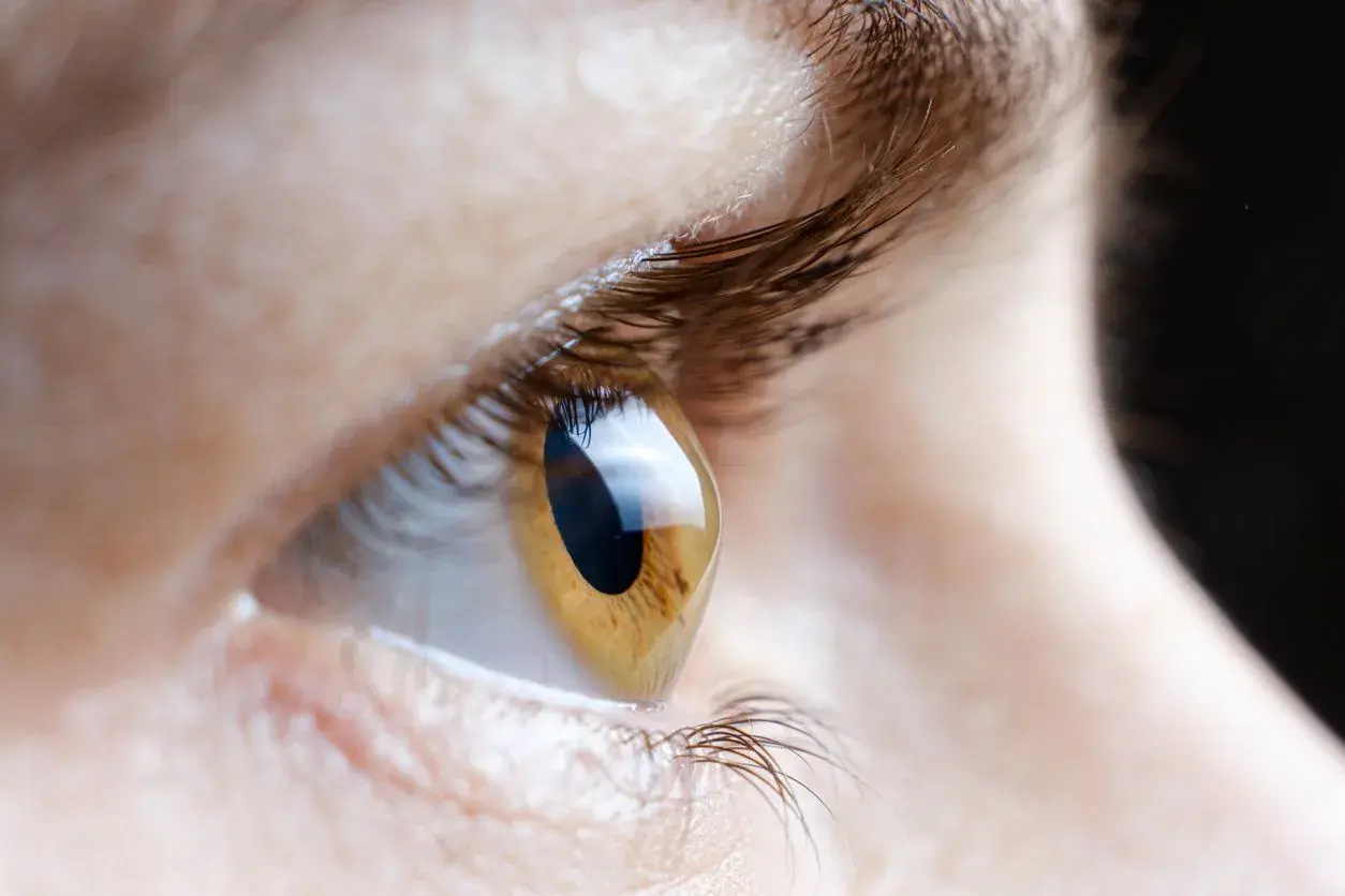 Zbliżenie oka z brązową tęczówką, widoczne rzęsy i skóra. Astygmatyzm oś 180 wpływa na ostrość widzenia.