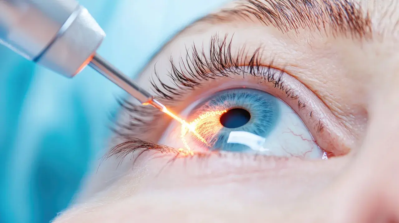 Zabieg laserem na wąski kąt przesączania. Jasny promień lasera działa na niebieskie oko, poprawiając widzenie.