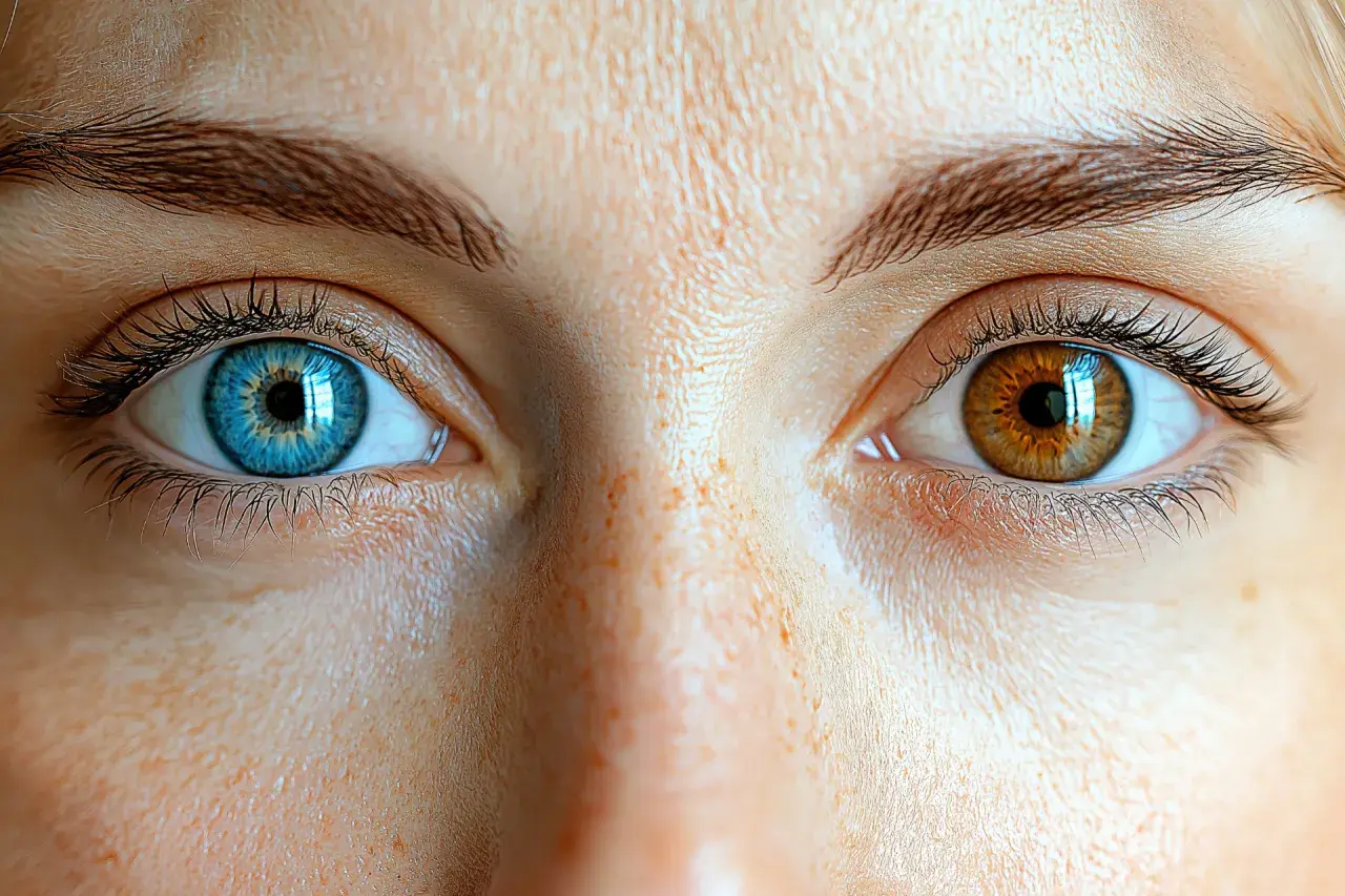 Oczy z heterochromią centralną: jedno błękitne, drugie brązowe, otoczone piegami.