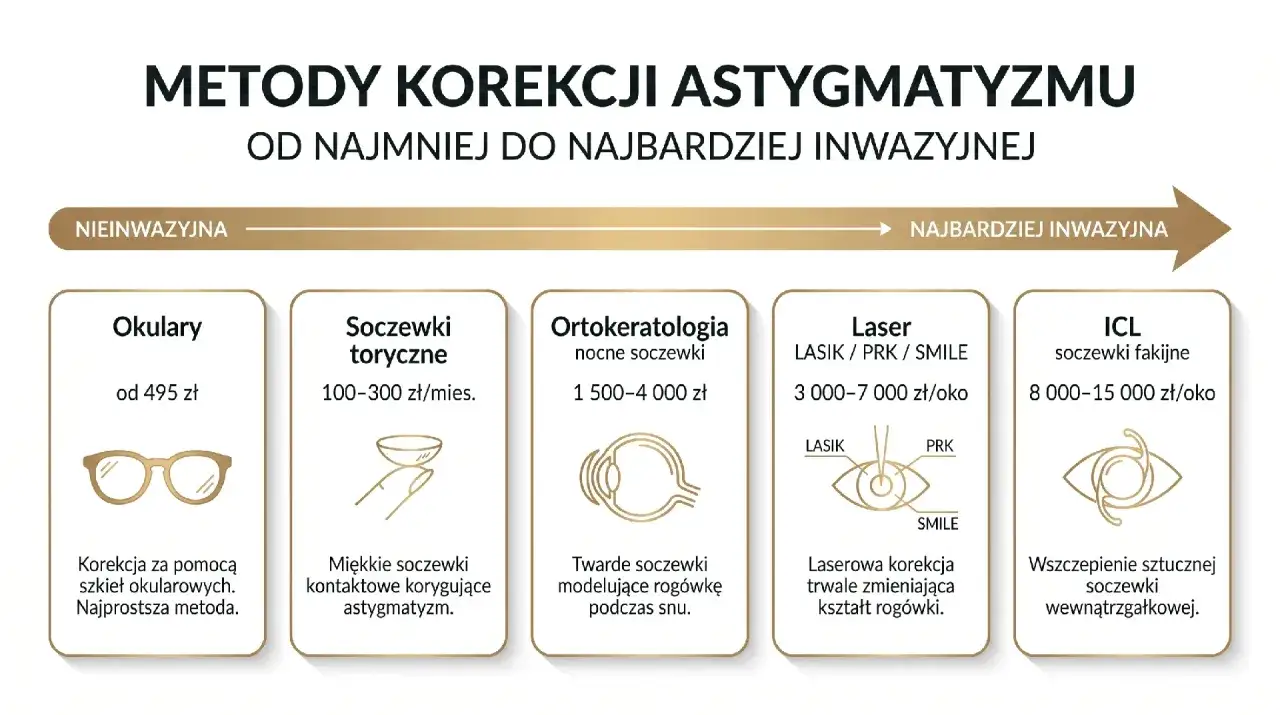 Metody korekcji astygmatyzmu, od okularów po soczewki fakijne ICL. Nawet astygmatyzm odwrotny można skorygować.