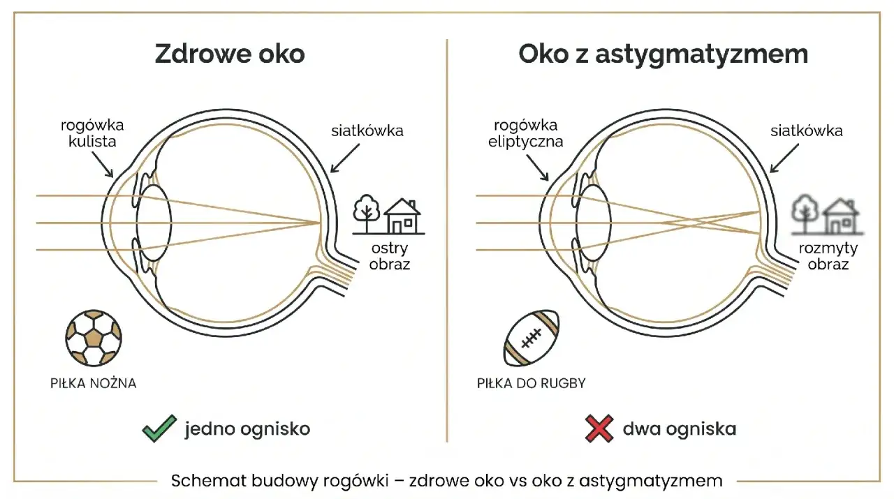 Zdrowe oko z kulistą rogówką skupia światło w jednym ognisku. Oko z astygmatyzmem i eliptyczną rogówką, np. z astygmatyzmem oś 180, tworzy dwa ogniska, co powoduje rozmyty obraz.