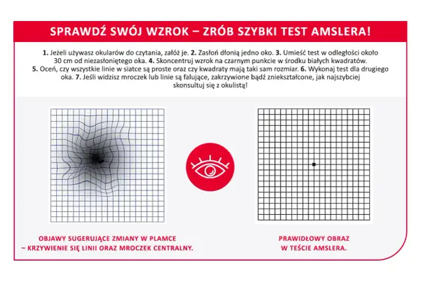Test Amslera pokazuje zniekształcone linie i mroczek, sugerując problemy ze wzrokiem. Widzenie na żółto może być objawem.