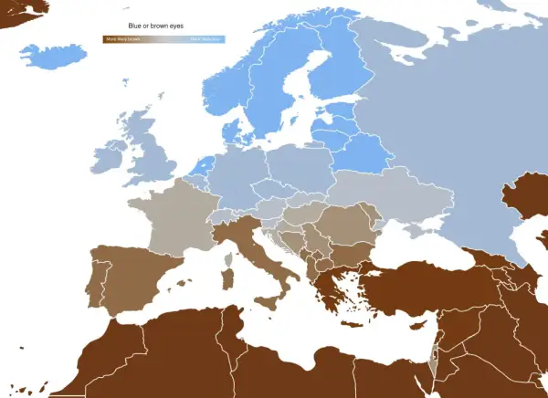 Mapa Europy i Bliskiego Wschodu pokazująca rozkład koloru oczu. Brązowy kolor dominuje na południu i wschodzie, wskazując, że tam najwięcej ludzi ma brązowe oczy.