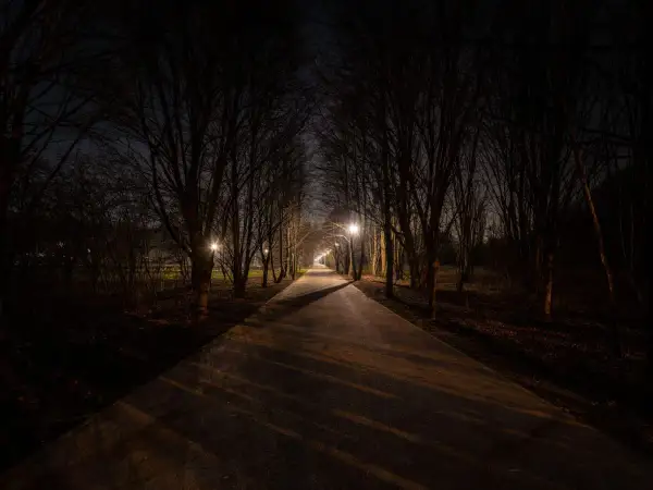 Ciemna aleja parkowa nocą, oświetlona latarniami. Brak światła przypomina kurzą ślepotę, brak jakiej witaminy A.