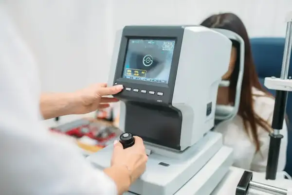 Badanie dna oka: ile kosztuje? Optometrysta wykonuje badanie wzroku na nowoczesnym sprzęcie, analizując obraz na ekranie.