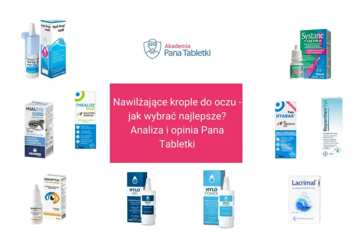 Różnorodne sztuczne łzy krople do oczu: Hialeye, Thealoz Duo, Systane, Hyabak, Bepanthen Eye, Dexoftal, Hylo Gel, Hylo Comod, Lacrimal.